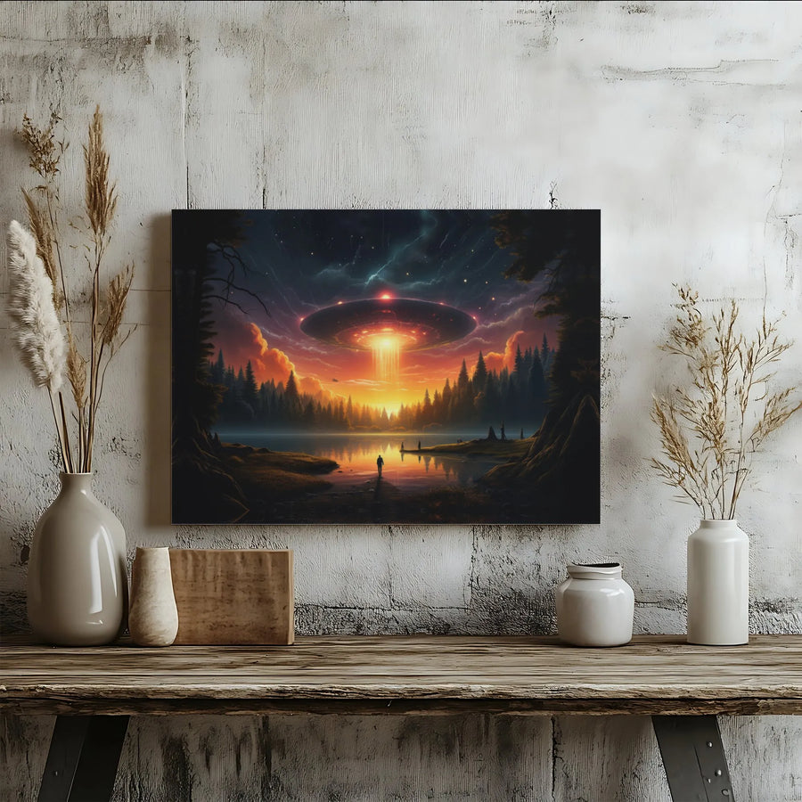 UFO Canvas Wall Art | Alien Abduction Forest Landscape | Premium Gallery Wrapped Decor | Sci-Fi Collector Gift for Home Office