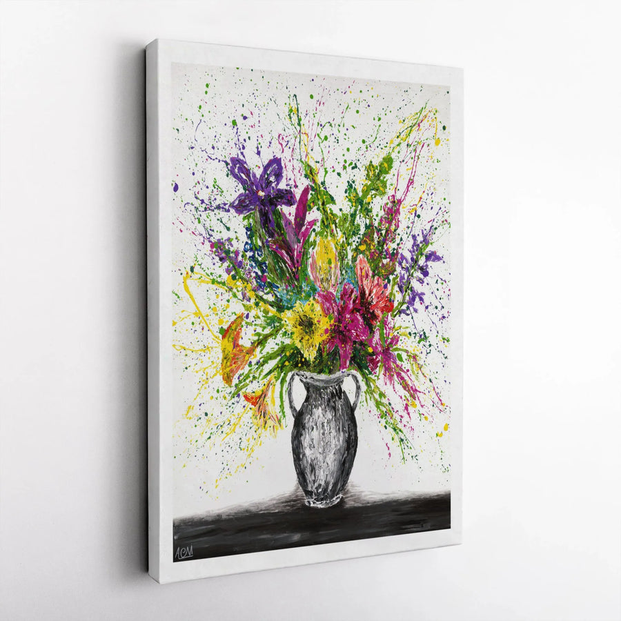 Abstract Flower Canvas Art | Vibrant Splatter Paint Floral Bouquet | Gallery Wrapped Premium Print | Modern Home Decor Gift