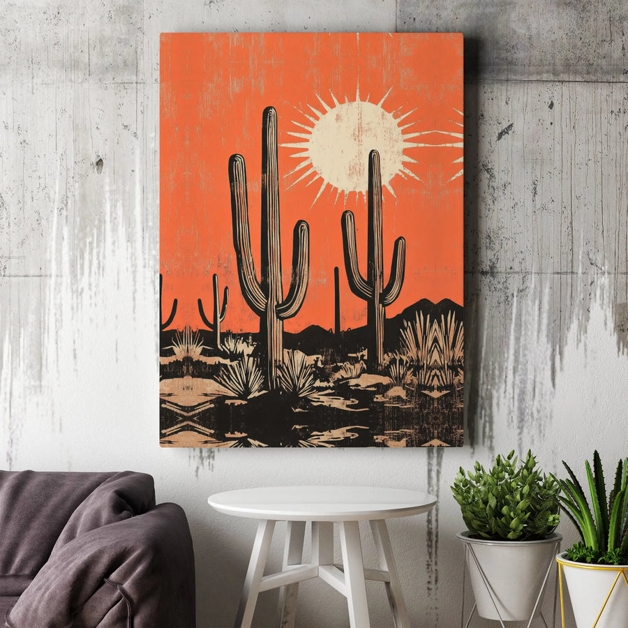 Desert Saguaro Cactus Wall Art | Mid-Century Modern Burnt Orange Landscape | Premium Gallery Wrapped Canvas | Southwestern Home Decor Gift