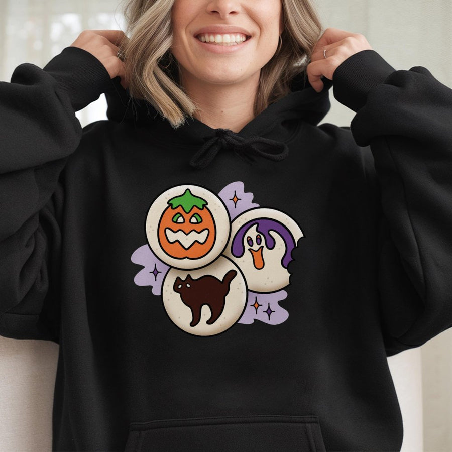 Halloween Cookies Hoodie | Spooky Pumpkin Ghost Black Cat Graphic | Premium Cotton Blend Sweatshirt | Cute Fall Aesthetic Gift for Her