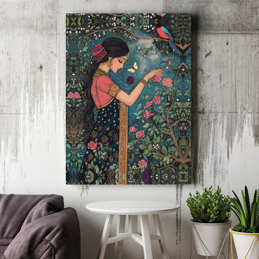 Indian Saree Portrait Vertical Canvas | Woman in Rose Garden with Peacock Art | Premium 1.25 Inch Frameless Gallery Wrap | Exotic Botanical Cultural Wall Decor Gift