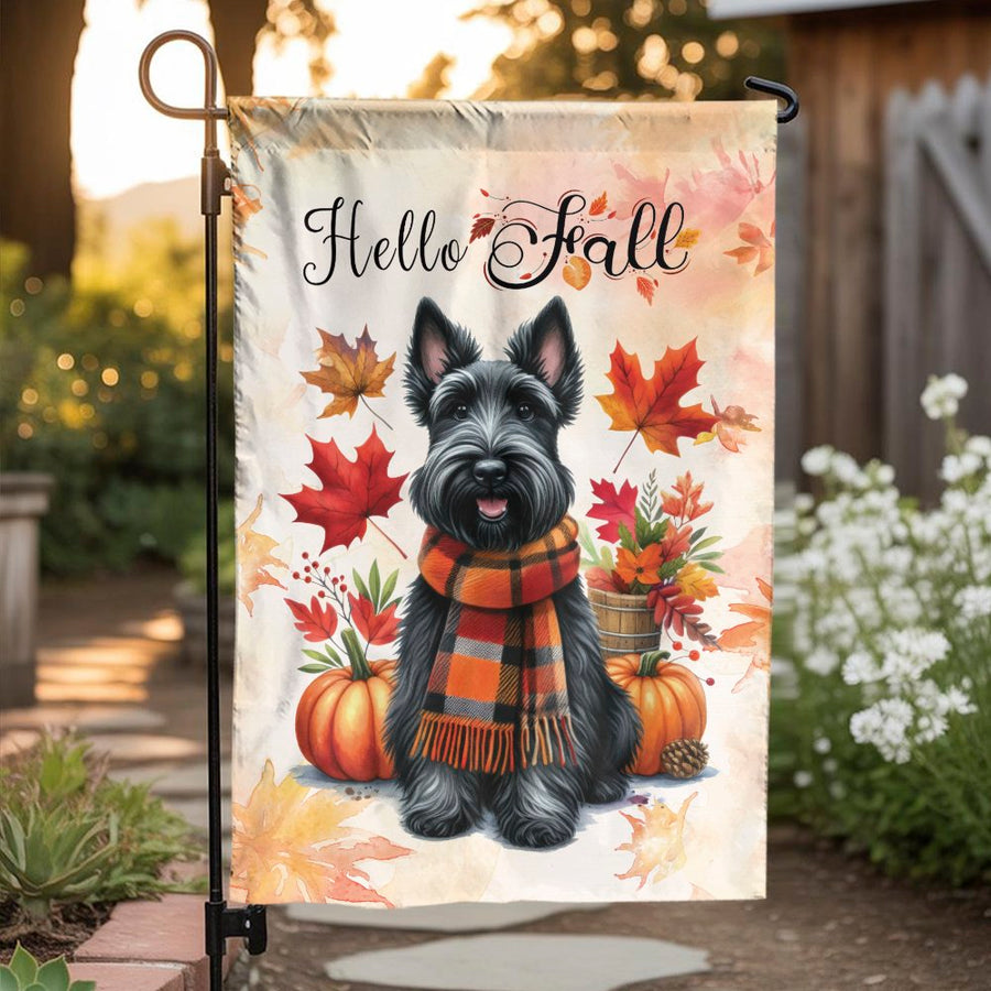 Scottish Terrier Garden Flag | Hello Fall Autumn Leaves Pumpkins | Premium Weather-Resistant Polyester | Seasonal Dog Lover Yard Decor Gift