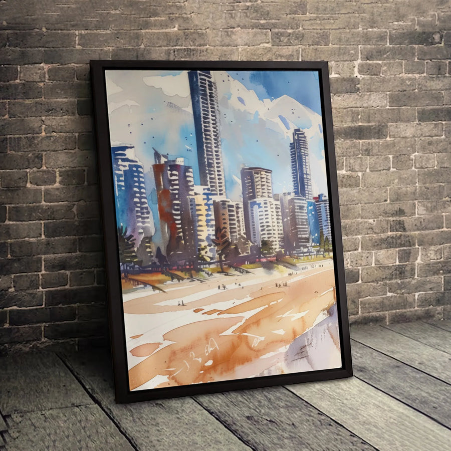 Modern City Skyline Canvas | Watercolor Beach Town Art | Premium Gallery Wrapped Print | Coastal Home Office Wall Decor