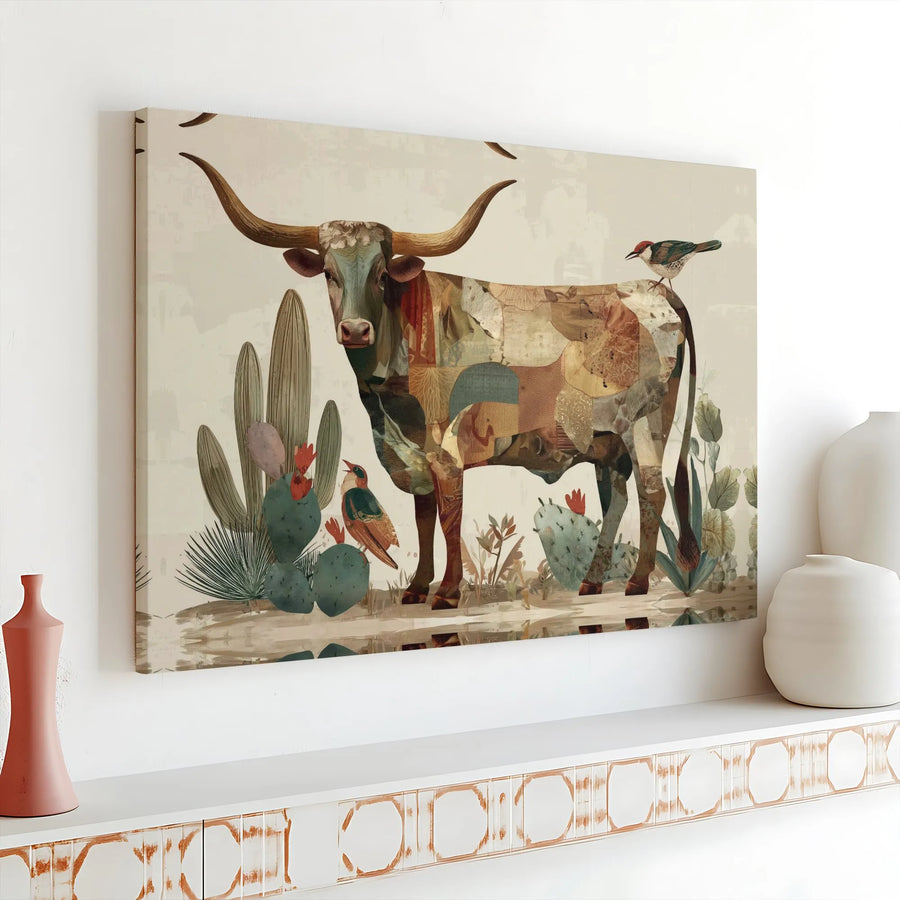 Texas Longhorn Canvas Wall Art | Southwestern Desert Patchwork Design | Premium 1.25-Inch Gallery Wrap | Western Home Decor Gift