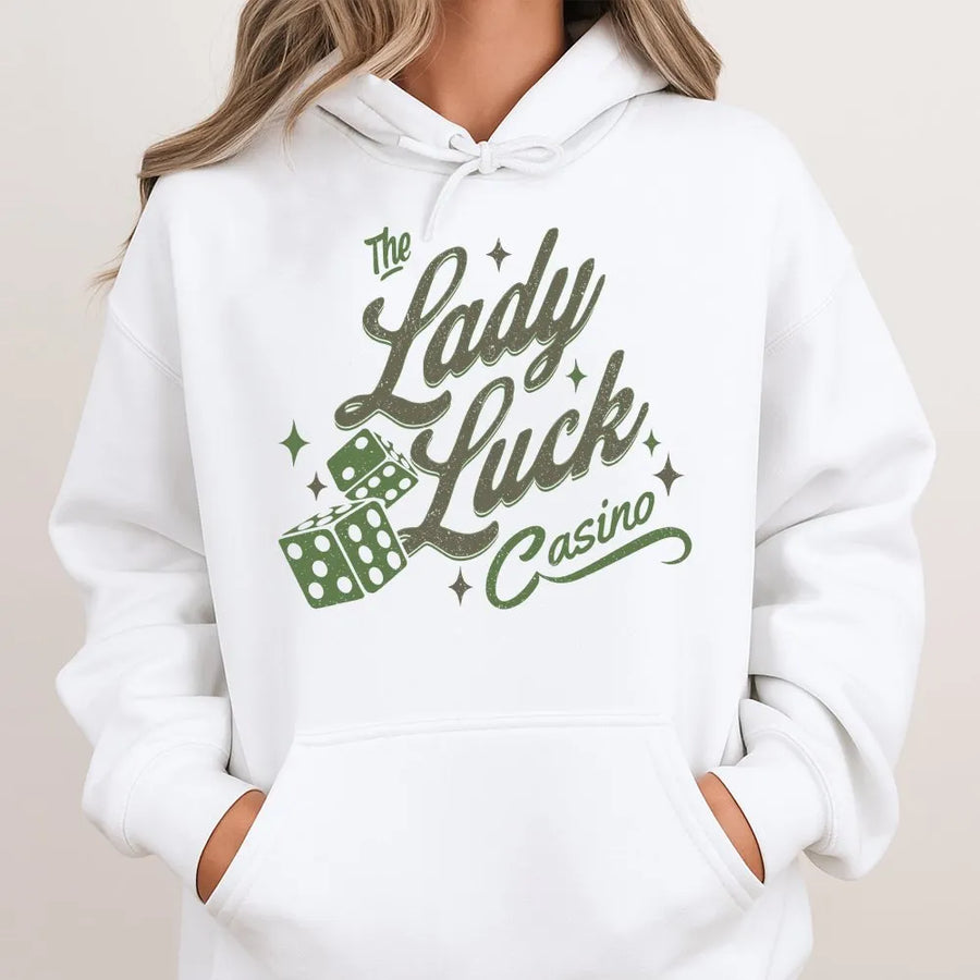 Good Luck Hoodie | Vintage Lady Luck Casino Graphic | Premium Unisex Pullover | Gift for Gamblers, Vegas Trip Apparel