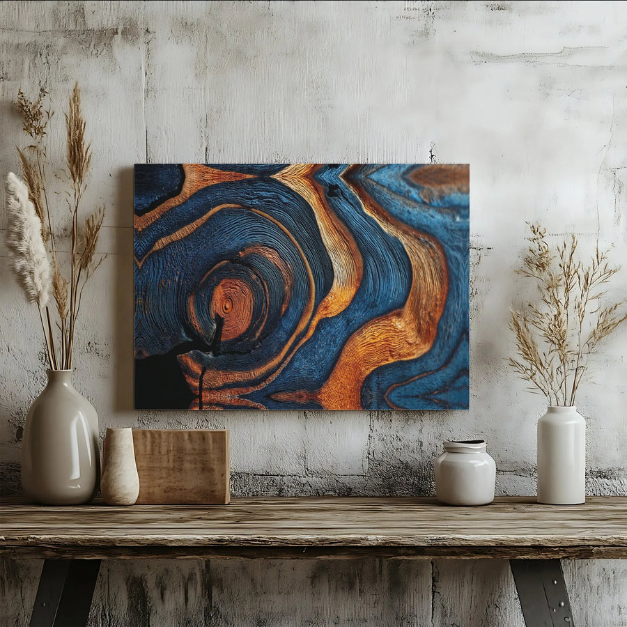 Abstract Wood Grain Canvas Wall Art | Textured Blue and Copper Mineral Design | Premium 1.25" Thick Profile | Modern Living Room & Office Decor Gift