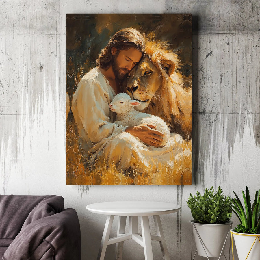 Lion and Lamb Canvas Print | Jesus with Lion of Judah Painting | Premium Gallery Wrapped Canvas | Christian Home Decor Gift