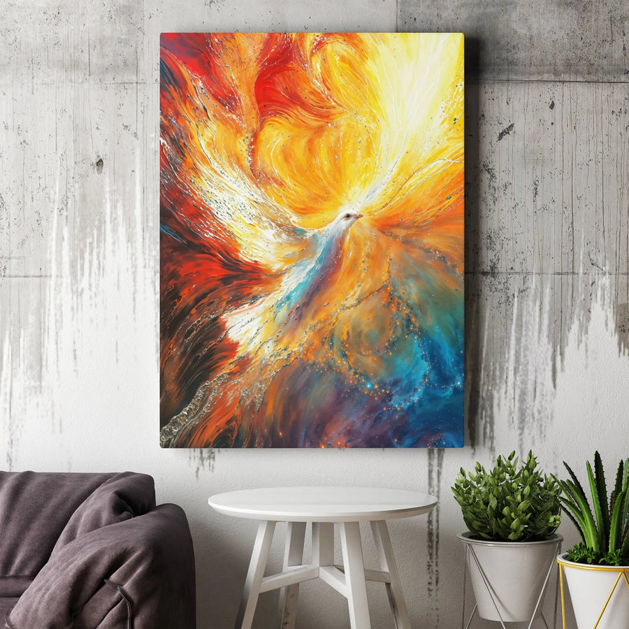 White Dove Canvas Wall Art | Fiery Cosmic Phoenix Abstract Print | Premium Gallery-Wrapped Gallery Quality Decor | Spiritual Home Office Gift