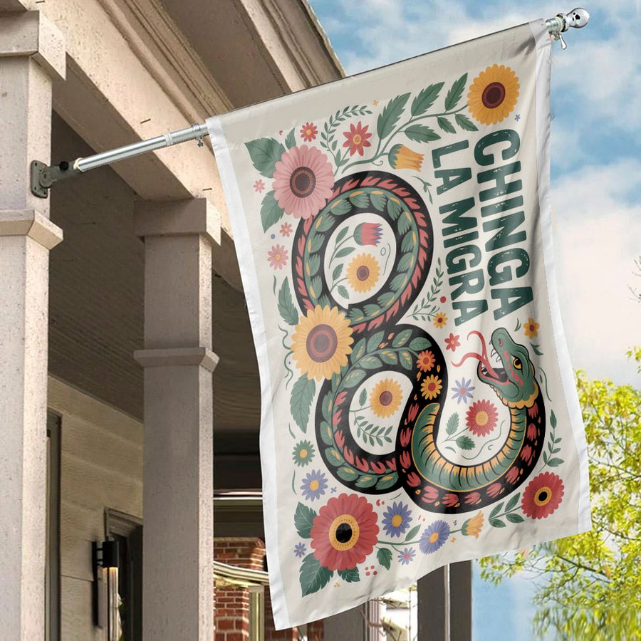 Chinga La Migra House Flag | Folk Art Snake & Floral Print | Durable Weather-Resistant Polyester | Statement Garden Decor