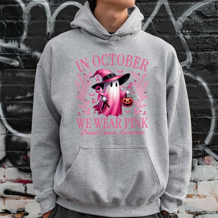 Breast Cancer Awareness Hoodie | Cute Ghost Witch Halloween Design | Cotton-Poly Blend | October Pink Ribbon Gift For Women