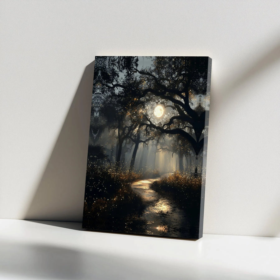 Enchanted Forest Canvas Wall Art | Mystical Moonlit Path & Fireflies | Premium Gallery Wrapped Art | Gothic Home Decor Gift