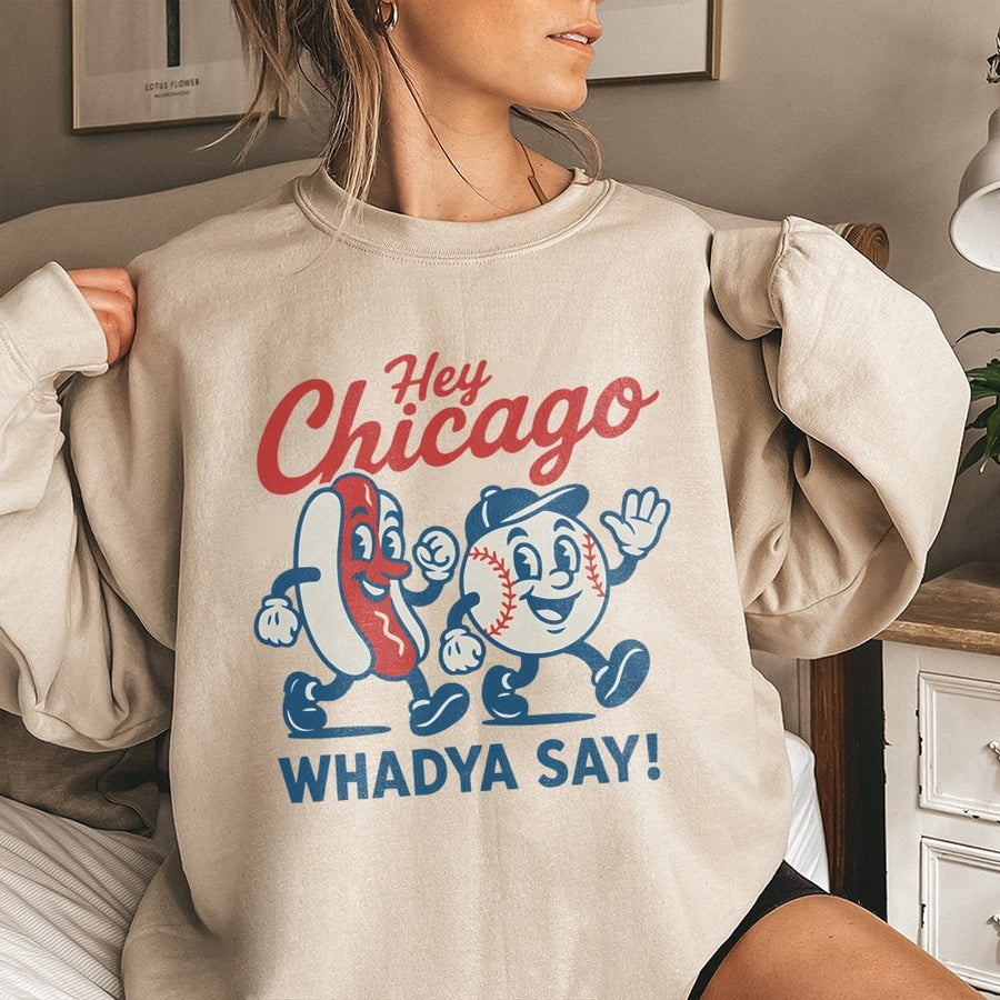 Chicago Baseball Sweatshirt | Retro Hot Dog Mascot Graphic | Premium Cotton Blend | Unisex Game Day Gift for Baseball Fans