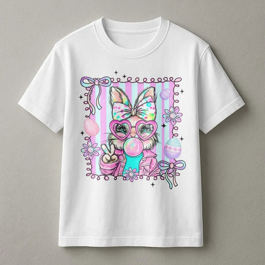 Cute Easter Bunny T-Shirt | Retro Bubble Gum Peace Sign Design | Premium Soft Cotton Tee | Fun Spring Holiday Gift for Women and Teens