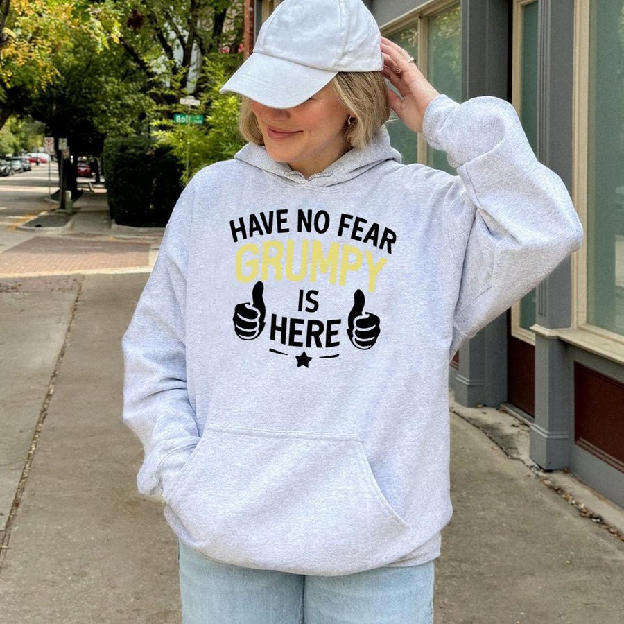 Grumpy Is Here Hoodie | Funny Sarcastic Quote Graphic Sweatshirt | Premium Cotton-Poly Blend | Unisex Gift for Moody Friends and Introverts