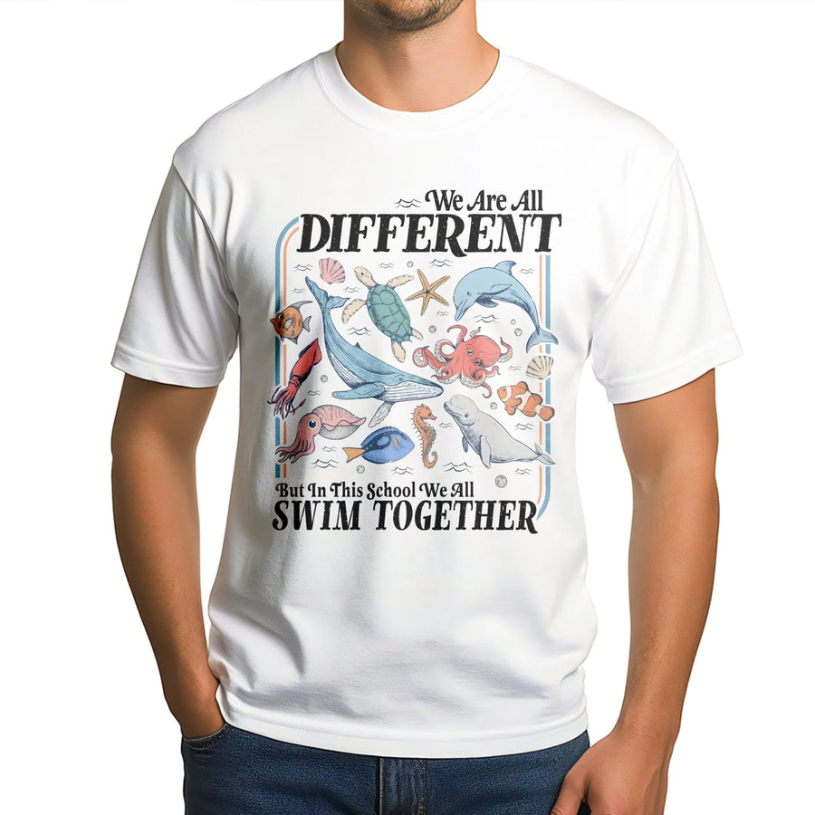 Inclusion Teacher T-Shirt | We Are All Different Swim Together Ocean Graphic | Premium Soft Cotton | Back To School Gift For Educators