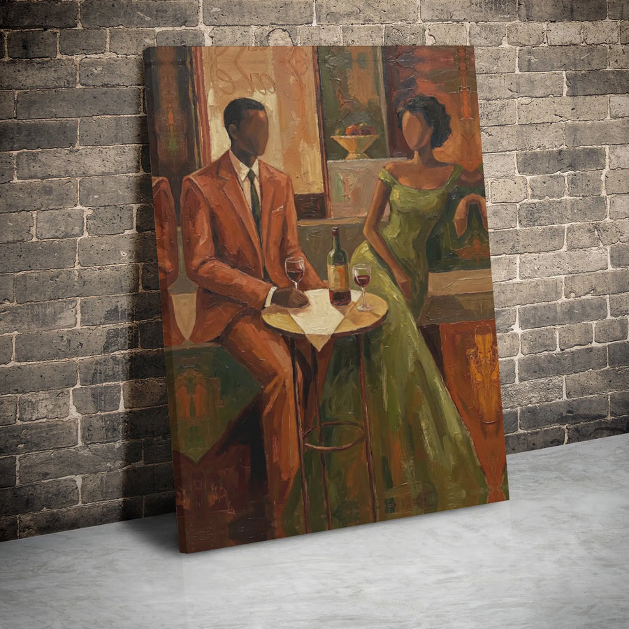 African American Couple Canvas Art | Romantic Wine Date Oil Painting Style | 1.25-Inch Gallery Wrap | Premium Black Love Home Decor Wall Art