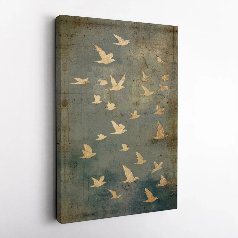 Golden Bird Flock Canvas Wall Art | Rustic Distressed Teal Aesthetic Print | 1.25 Inch Gallery Wrap | Elegant Home and Office Decor
