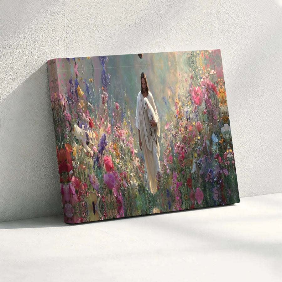 Jesus and Lamb Canvas Print | Walking in Wildflower Meadow Art | Premium Gallery Quality Canvas | Christian Home Decor Religious Gift