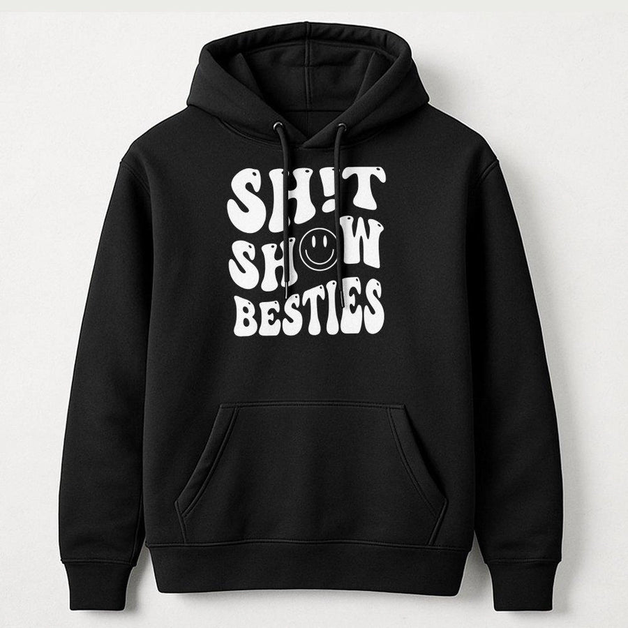 Shit Show Besties Hoodie | Retro Wavy Font Smiley Face Design | Premium Cotton Blend | Funny Matching Best Friend Gift for Women
