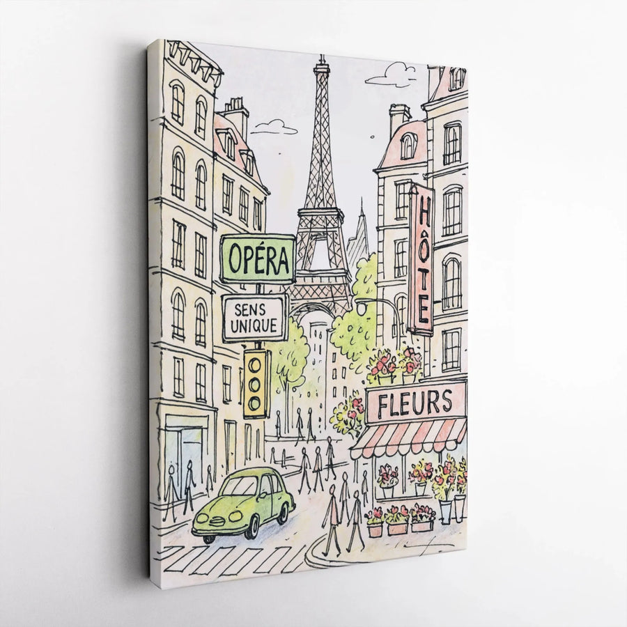 Parisian Street Scene Canvas Art | Eiffel Tower Sketch Print | Premium Gallery Wrap Wall Decor | Romantic French Cityscape Gift for Travel Lovers