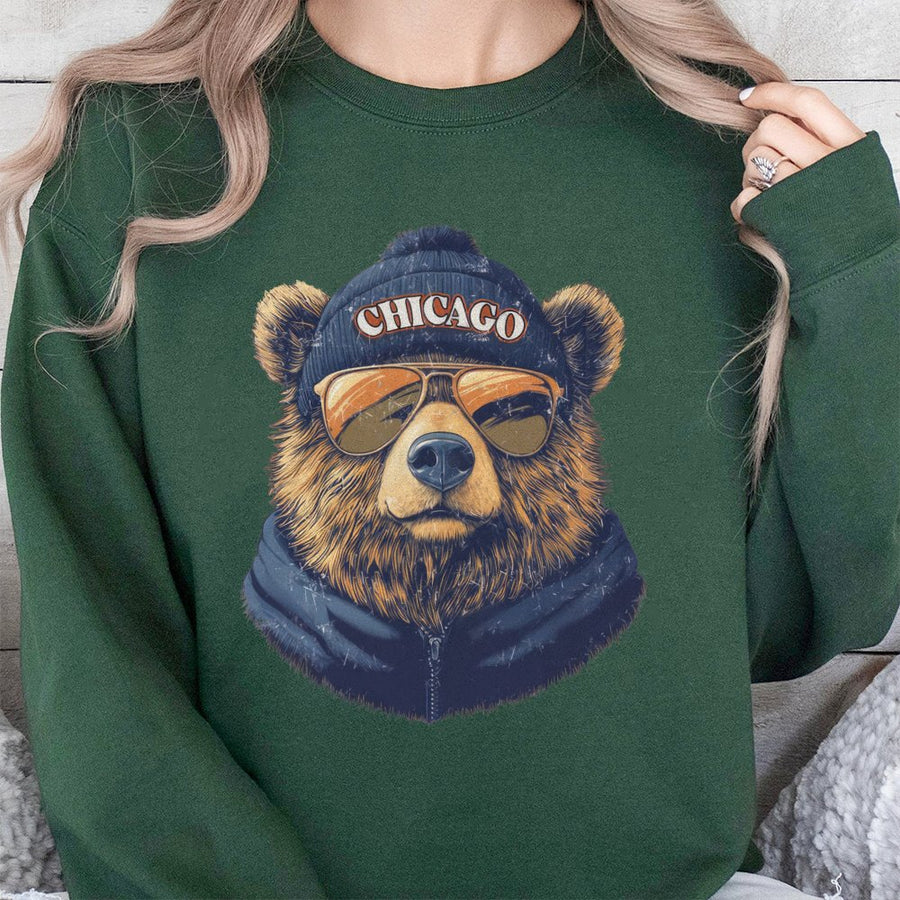 Chicago Bear Wearing Beanie And Sunglasses Sweatshirt