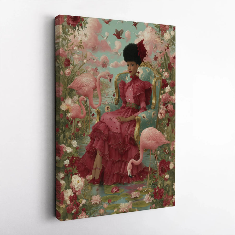 Black Queen Wall Art | Victorian Flamingo Canvas Print | Premium 1.25 Inch Gallery Wrap | Afrocentric Home Decor Gift for Her
