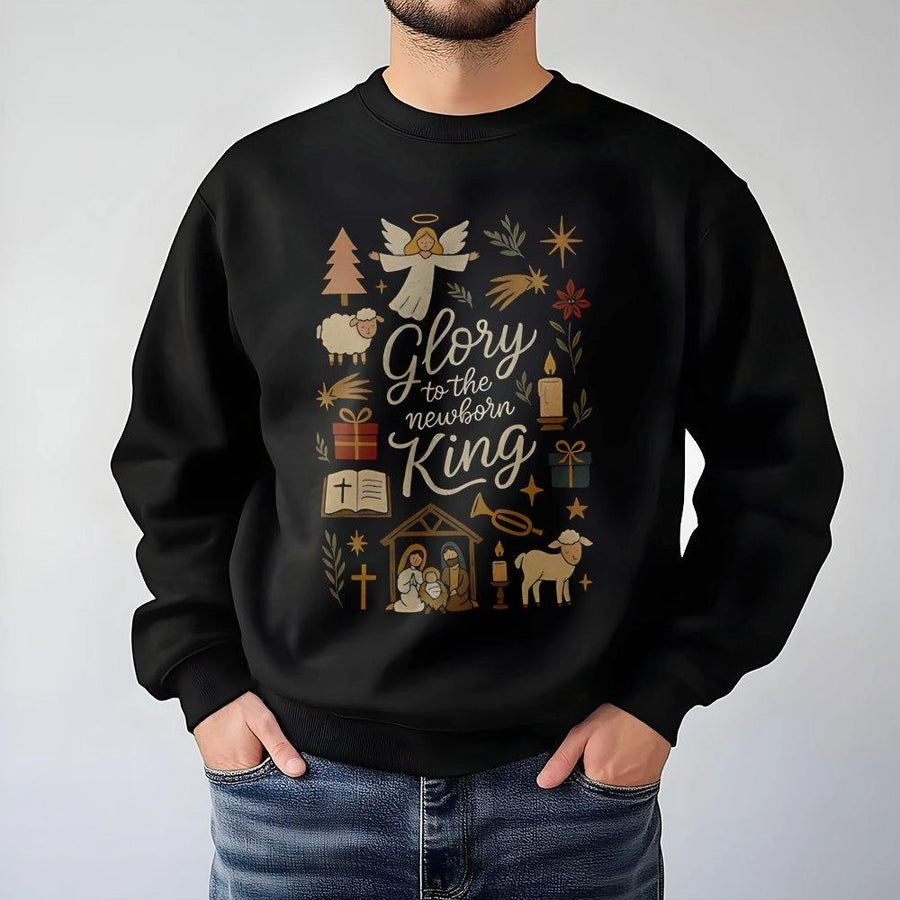 Glory To The Newborn King Sweatshirt | Nativity Scene Doodle Graphic | Premium Cotton Blend | Faith-Based Religious Christmas Gift For Women