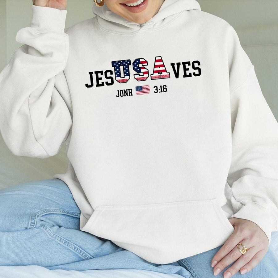 Jesus Saves USA Flag Hoodie | Patriotic Christian Faith Graphic | Premium Cotton Blend | Unisex Religious Apparel Gift