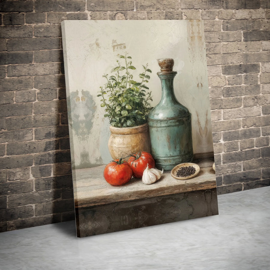 Rustic Kitchen Wall Art | Italian Still Life with Tomatoes & Herbs | Premium Canvas Print | Farmhouse Kitchen Decor Gift
