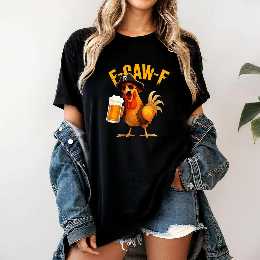Pirate Chicken Graphic T-Shirt | Funny F-Caw-F Rooster Drinking Beer Design | 100% Premium Cotton Tee | Sarcastic Animal Meme Gift for Chicken Lovers