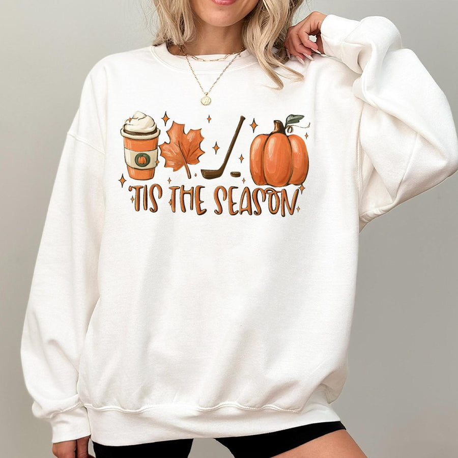 Hockey Mom Sweatshirt | Tis The Season Fall Pumpkin Hockey Stick Graphic | Soft Cotton Blend Pullover | Cute Sports Gift For Her
