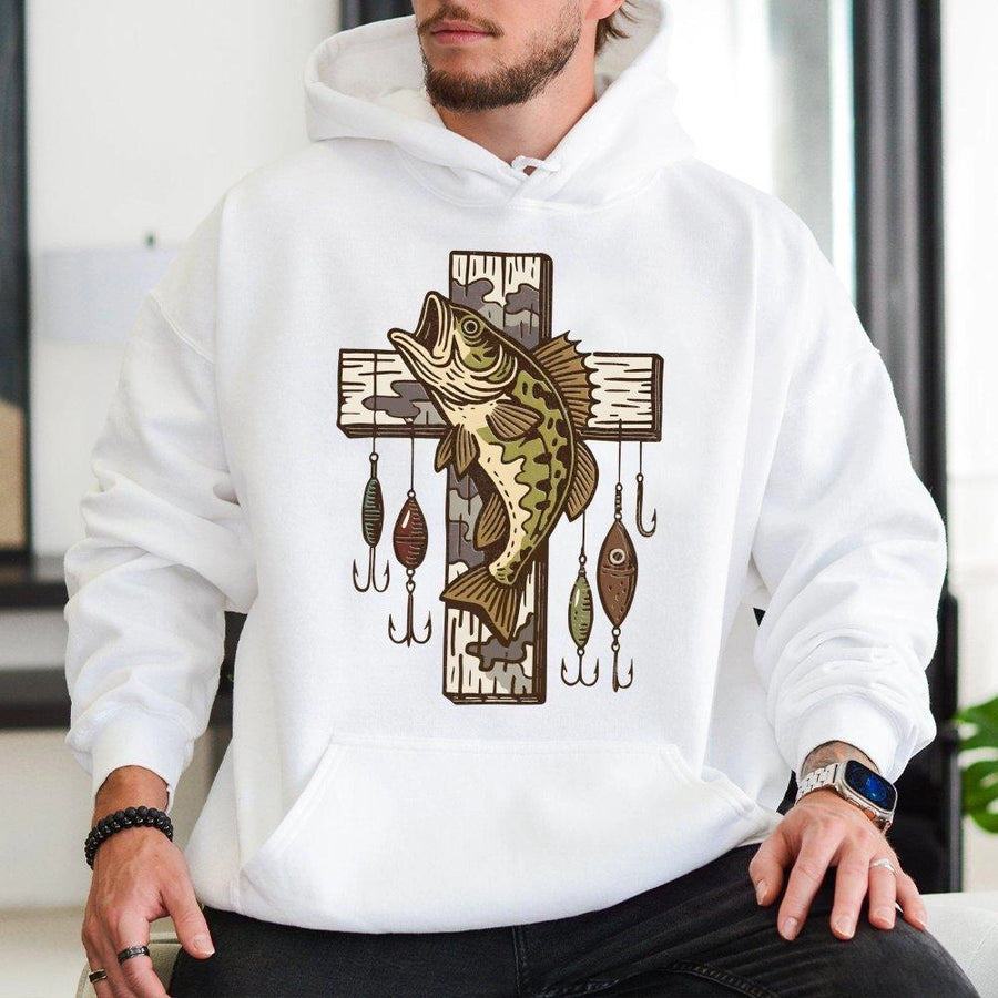 Fishing Cross Hoodie | Bass Fish Lure Faith Graphic Design | Premium Cotton Blend | Christian Fisherman Gift for Men and Women
