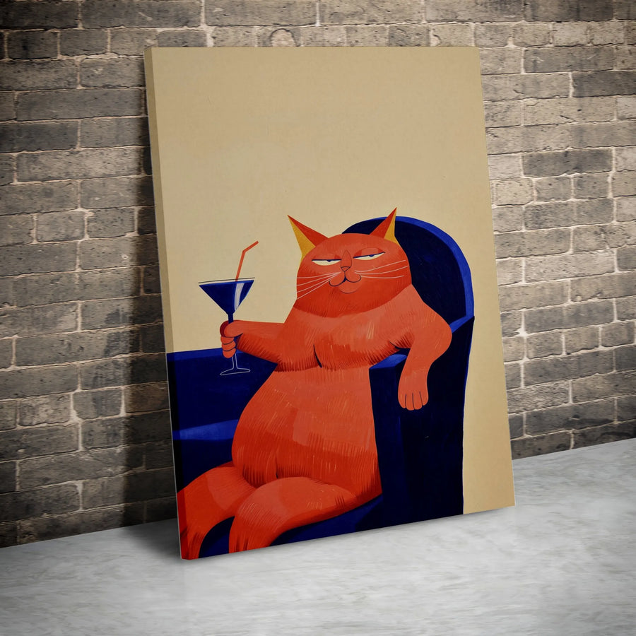 Funny Orange Cat Canvas Print | Relaxed Tabby With Martini Cocktail | Premium Gallery Wrapped Decor | Whimsical Animal Wall Art Gift