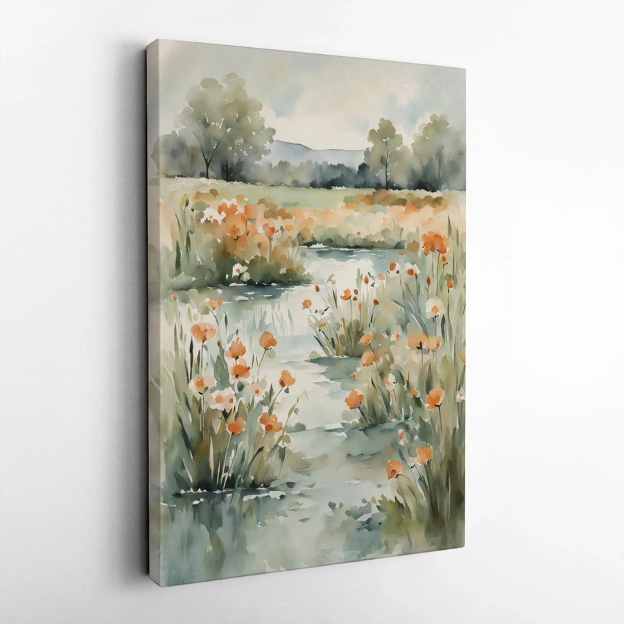 Watercolor Wildflower Landscape Canvas | Orange Poppy Field River Painting | Premium Wall Art Print | Modern Farmhouse Living Room Decor Gift