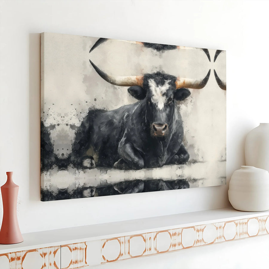 Texas Longhorn Canvas Wall Art | Rustic Farmhouse Watercolor Bull Painting | Premium Gallery Wrapped Canvas | Western Home Decor Gift