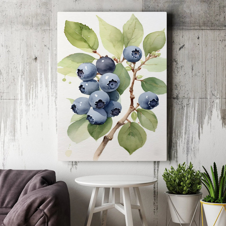 Watercolor Blueberry Wall Art | Botanical Fruit Print on Canvas | 1.25 Inch Gallery Wrap | Kitchen Decor and Farmhouse Gift