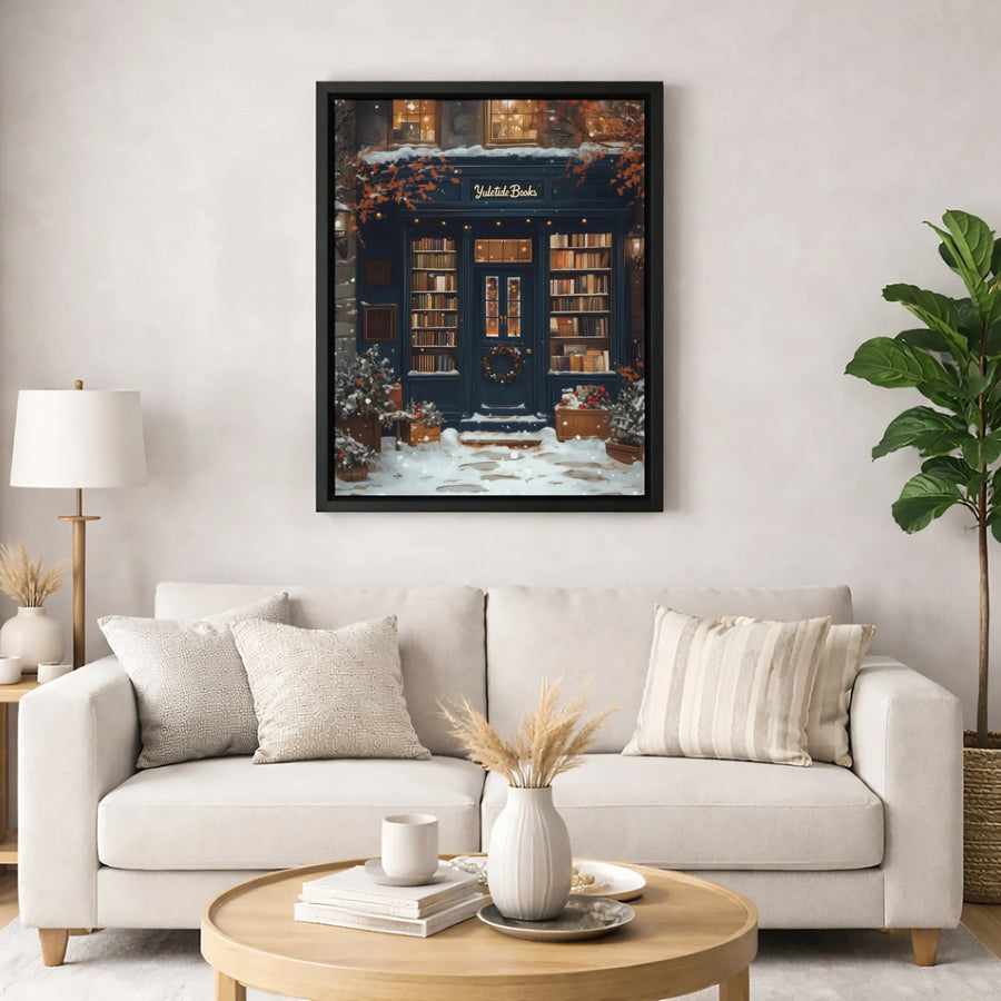Christmas Bookstore Canvas Wall Art | Snowy Winter Shop Scene | Premium Gallery Wrap Print | Festive Holiday Home Decor Gift