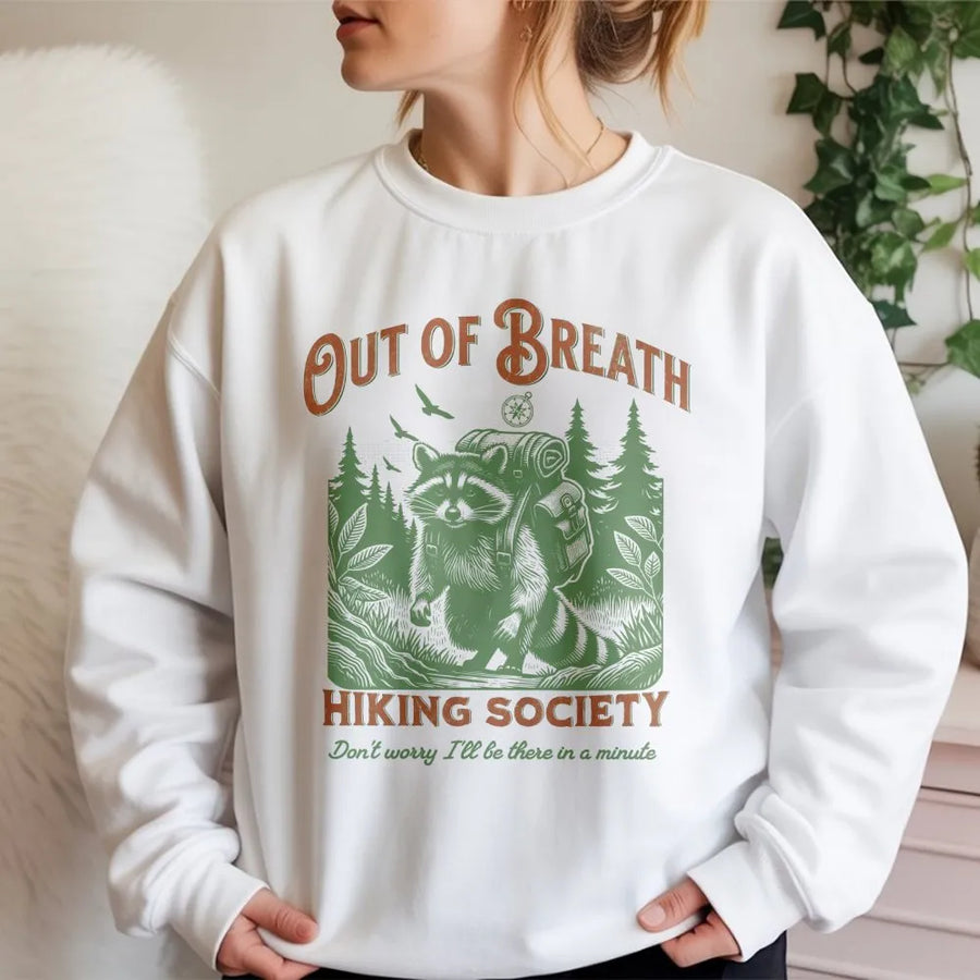 Out of Breath Hiking Society Sweatshirt | Vintage Raccoon Graphic | Soft Fleece Pullover | Gift for Hiker and Outdoor Lover