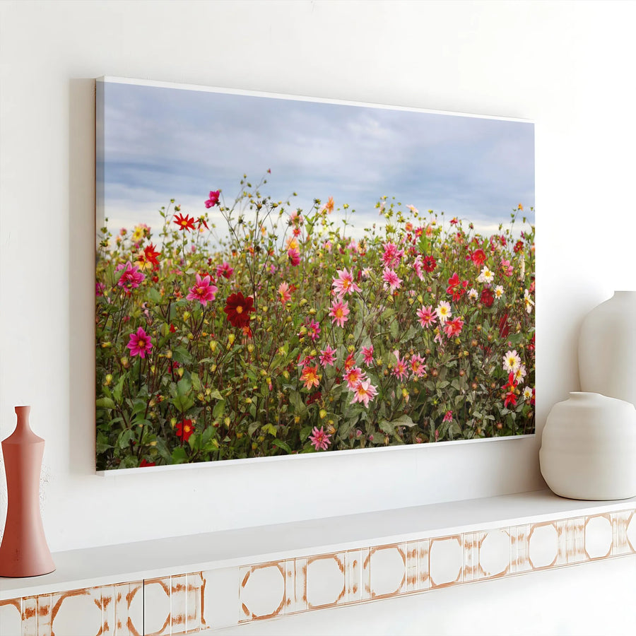 Dahlia Field Canvas Print | Colorful Wildflower Meadow Photography | Premium Gallery Wrapped Canvas | Botanical Wall Art for Living Room Decor Gift