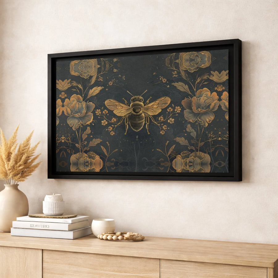 Golden Bee Canvas Wall Art | Dark Academia Floral Botanical Print | Premium Gallery Wrapped Decor | Sophisticated Vintage Nature Gift