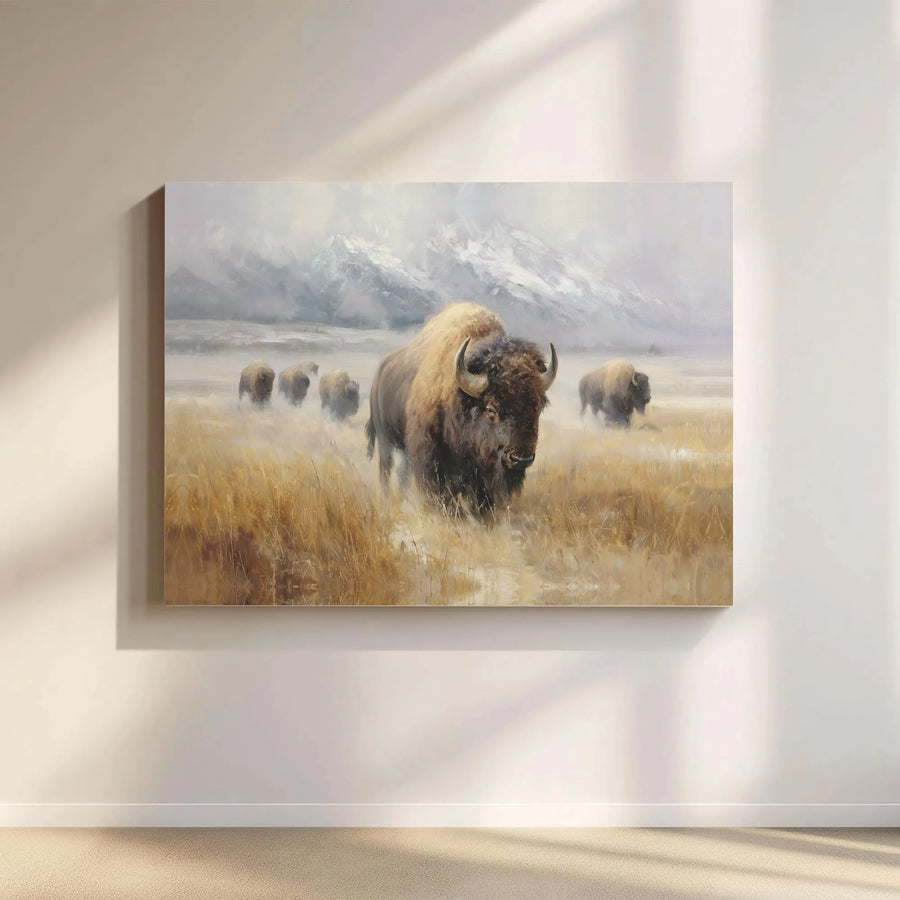 American Bison Wall Art | Snowy Mountain Herd Landscape | Premium Gallery Wrapped Canvas | Wildlife Decor Gift for Cabin and Office