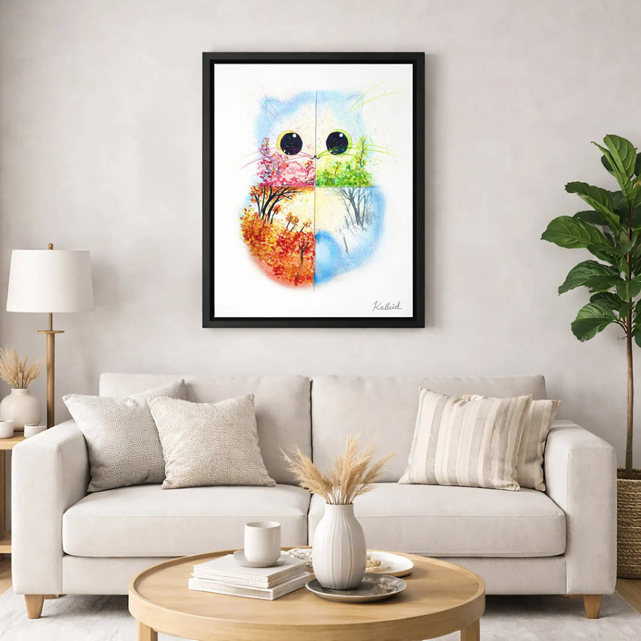Four Seasons Cat Canvas Wall Art | Whimsical Watercolor Animal Portrait | Premium Gallery-Wrapped Print | Home Decor Gift for Cat Lovers