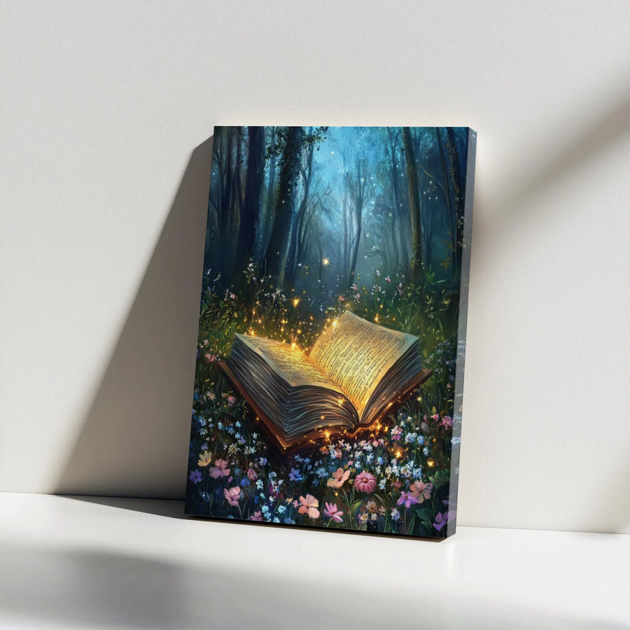 Enchanted Book Vertical Canvas | Mystical Forest Glowing Storybook Art | Premium Gallery Wrapped Print | Gift for Readers & Library Decor