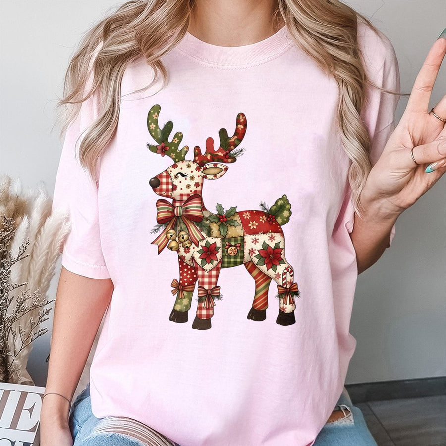 Christmas Reindeer T-Shirt | Festive Patchwork Holiday Graphic | Premium 100% Cotton Tee | Cute Xmas Gift for Women and Family
