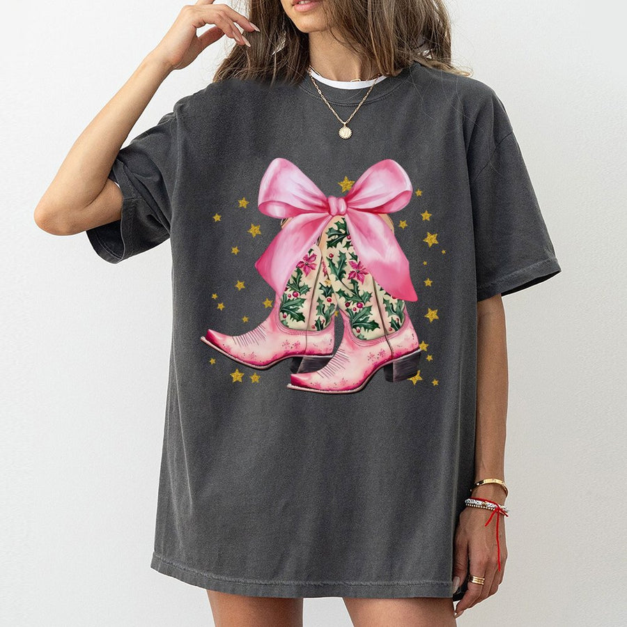 Pink Cowboy Boots T-Shirt | Christmas Holly and Bow Western Graphic Tee | Premium Cotton Soft Shirt | Cute Holiday Western Gift for Women