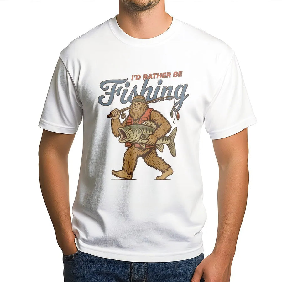 Sasquatch Fishing T-Shirt | Retro I'd Rather Be Fishing Graphic | Premium Cotton Blend | Funny Gift for Fisherman and Cryptid Lovers