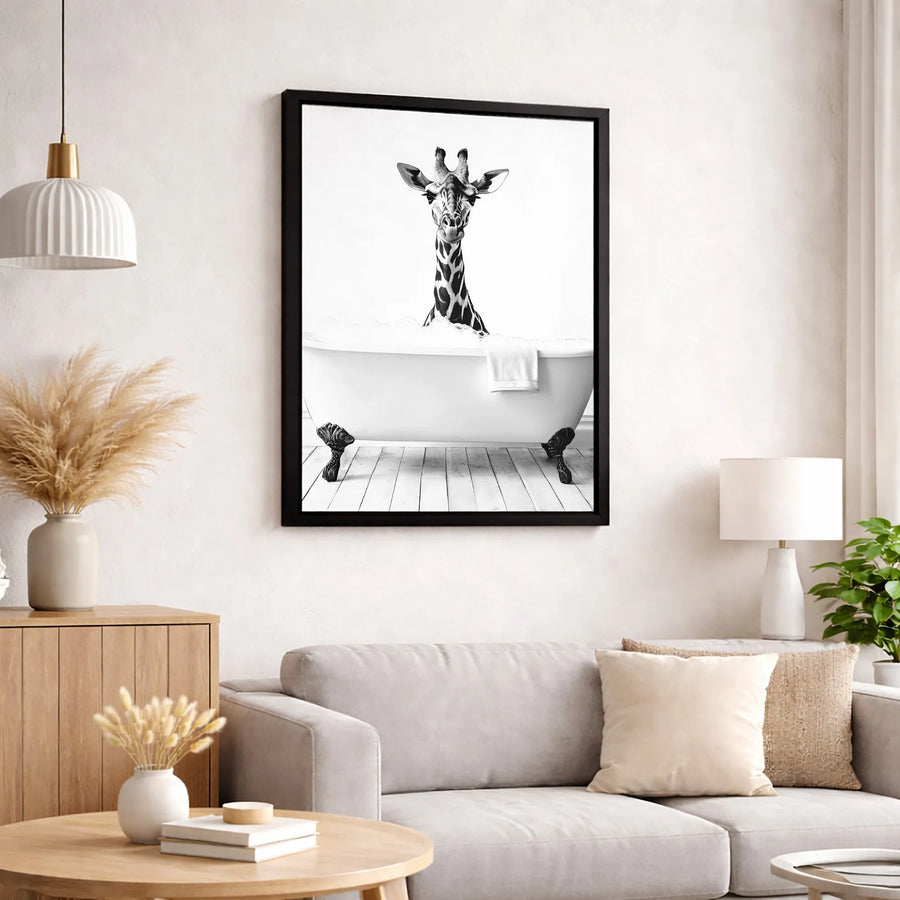 Giraffe In Bathtub Wall Art | Black And White Bathroom Decor | Premium Gallery Wrap Canvas | Whimsical Animal Home Decor Gift