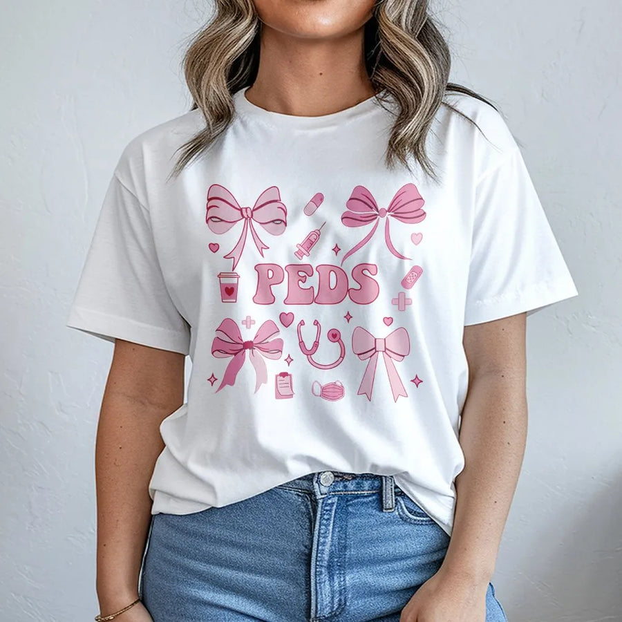 Pediatric Nurse T-Shirt | Coquette Bow Medical Design | Premium Soft Cotton | Cute Gift for Peds Nurses and Medical Students