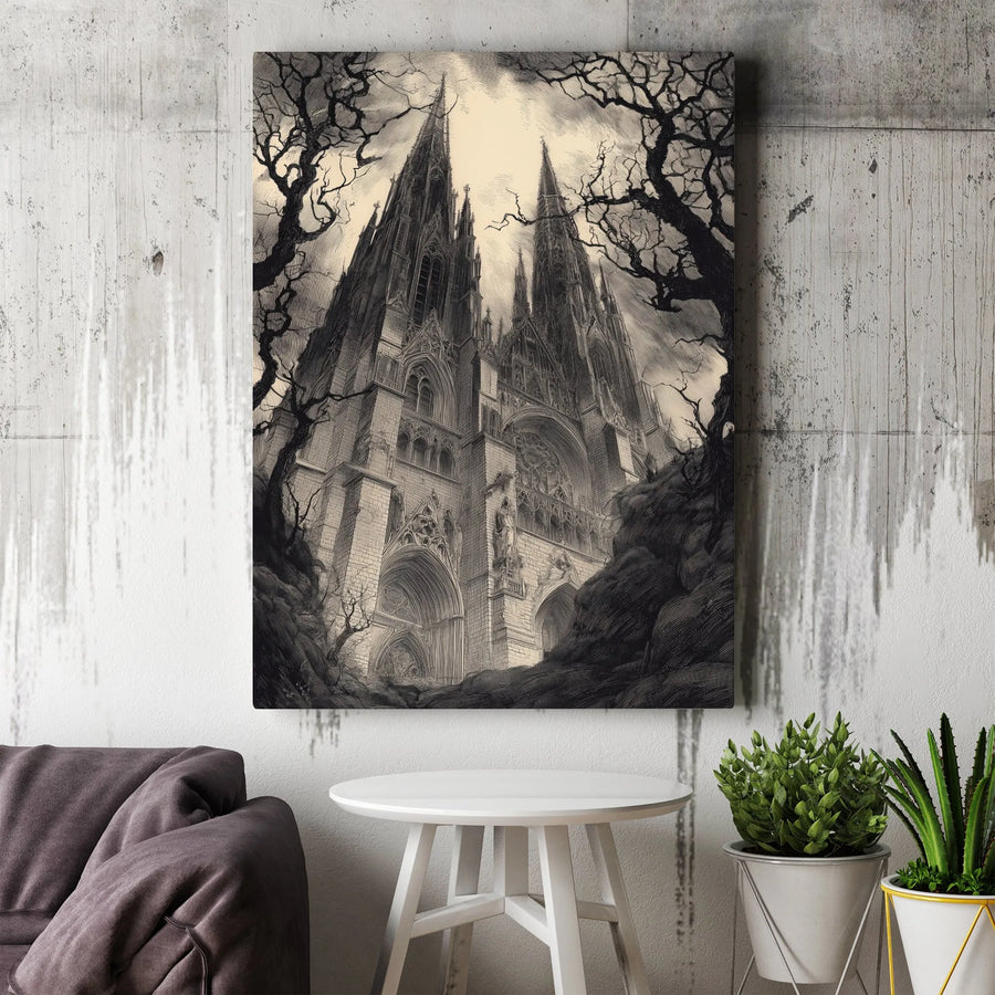 Gothic Cathedral Vertical Canvas | Vintage Engraving Style Art | Premium Unframed Wall Art | Dark Academia Home Decor Gift