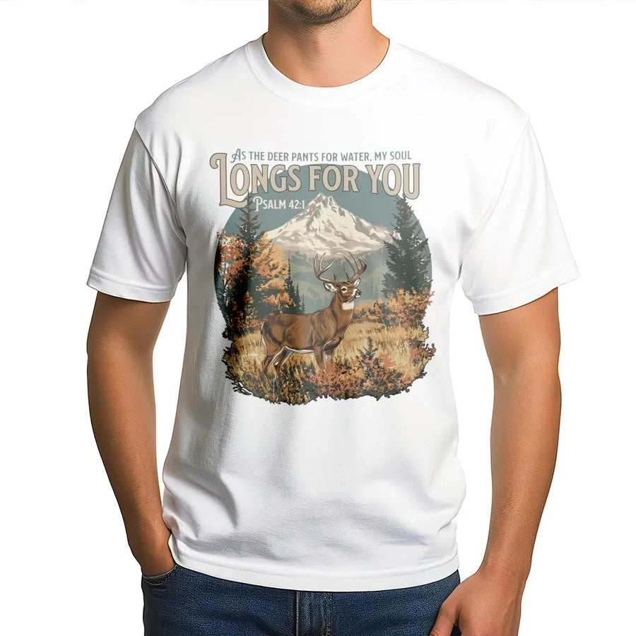Psalm 42 Christian T-Shirt | Vintage Deer & Mountain Graphic | Cozy Cotton Blend | Inspirational Faith Gift for Believers